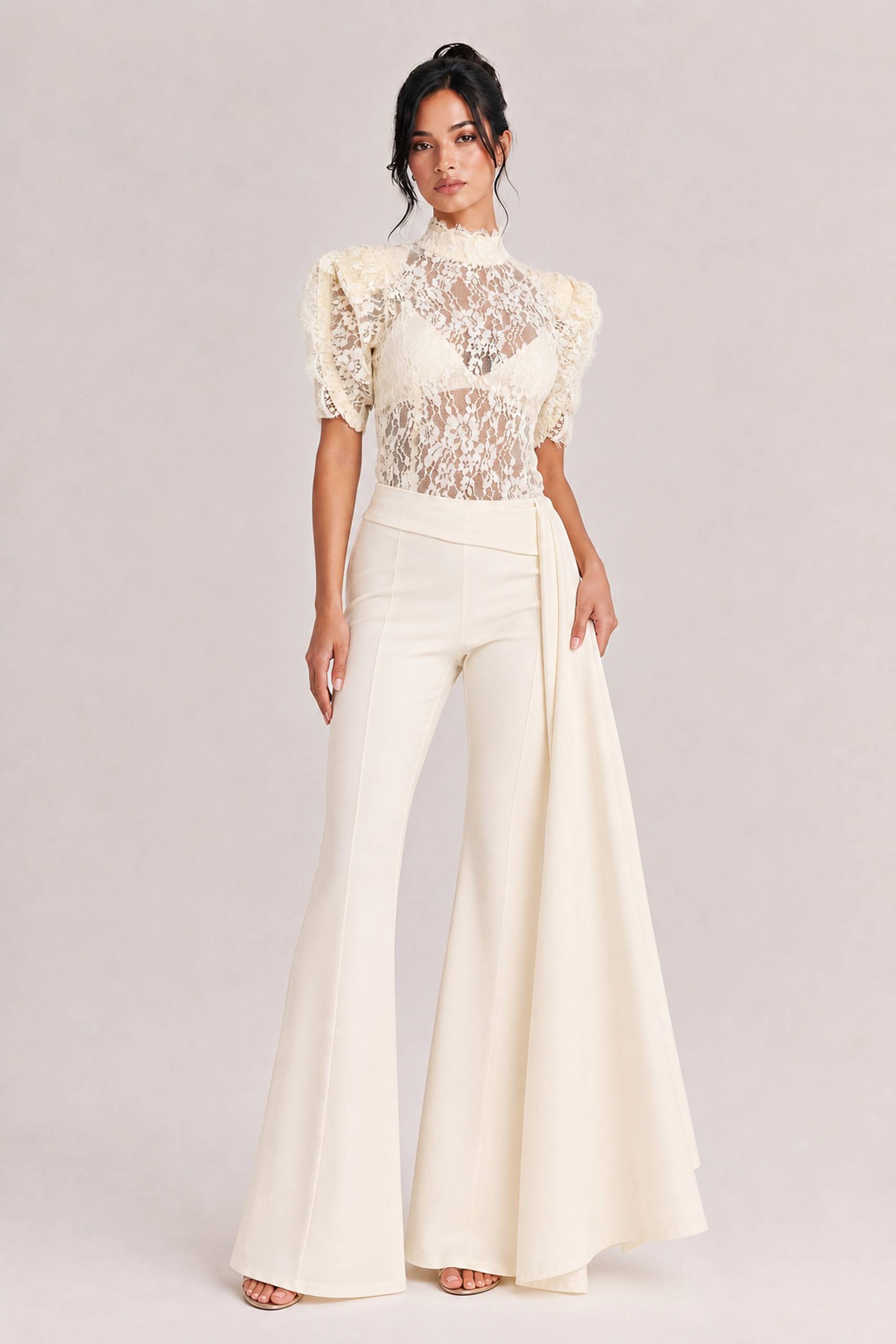 Elegant Lace High-Neck Top & Wide-Leg Pants Two-Piece Set