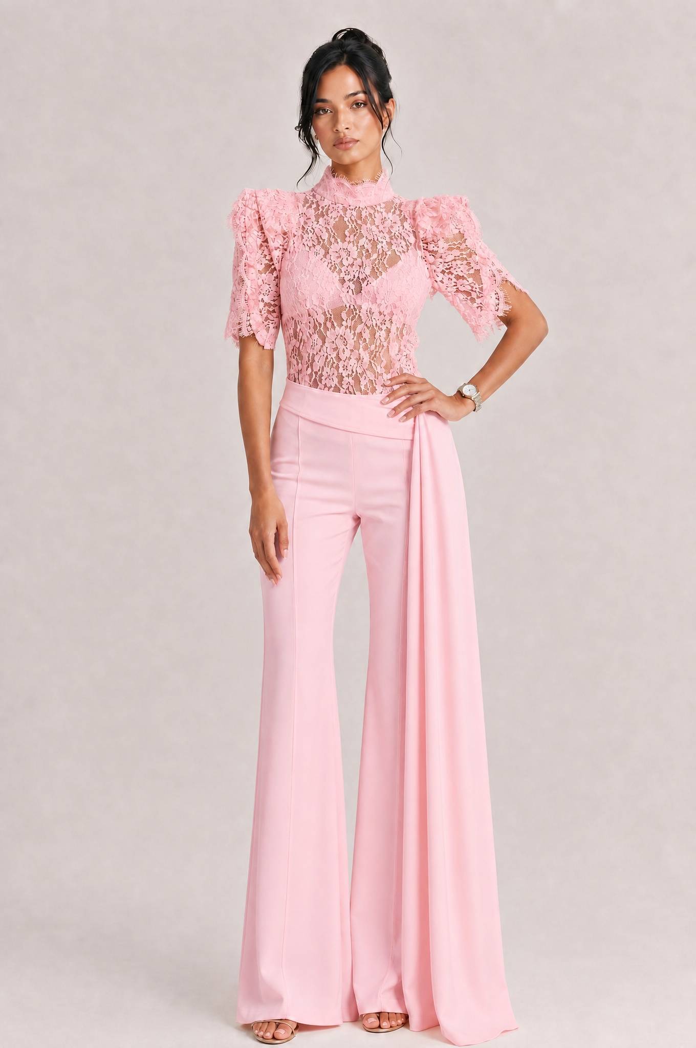 Elegant Lace High-Neck Top & Wide-Leg Pants Two-Piece Set