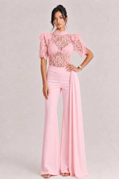 Elegant Lace High-Neck Top & Wide-Leg Pants Two-Piece Set