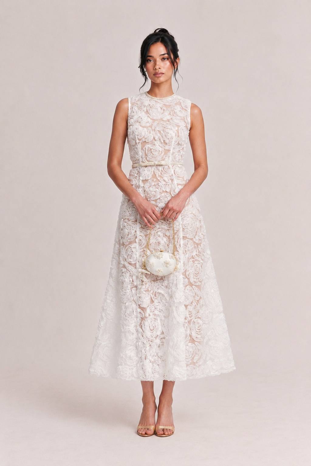 White Sleeveless Heavy-duty Lace Diamond Waist Dress