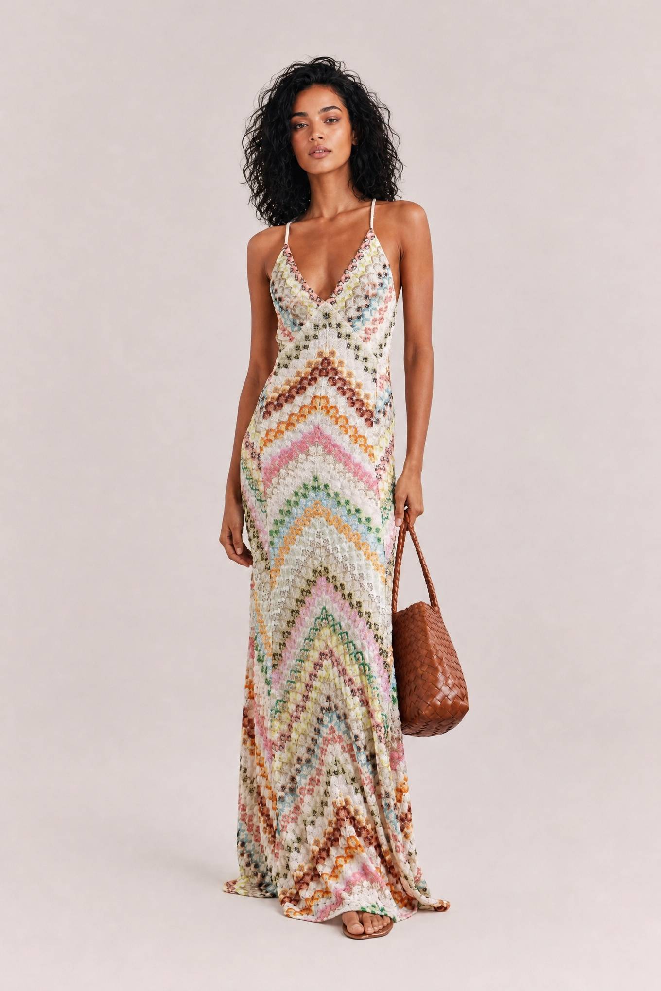 Unique Knit Colorful Herringbone Open Back Maxi Dress