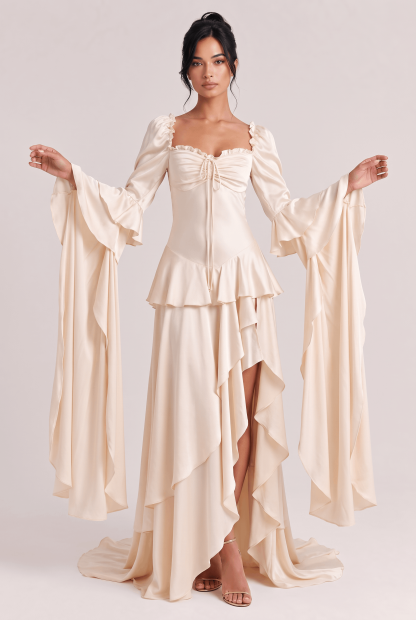 White Satin Square Collar Pleated Extra-Long Trumpet Sleeve Irregular Lotus Leaf Split Holiday Dress
