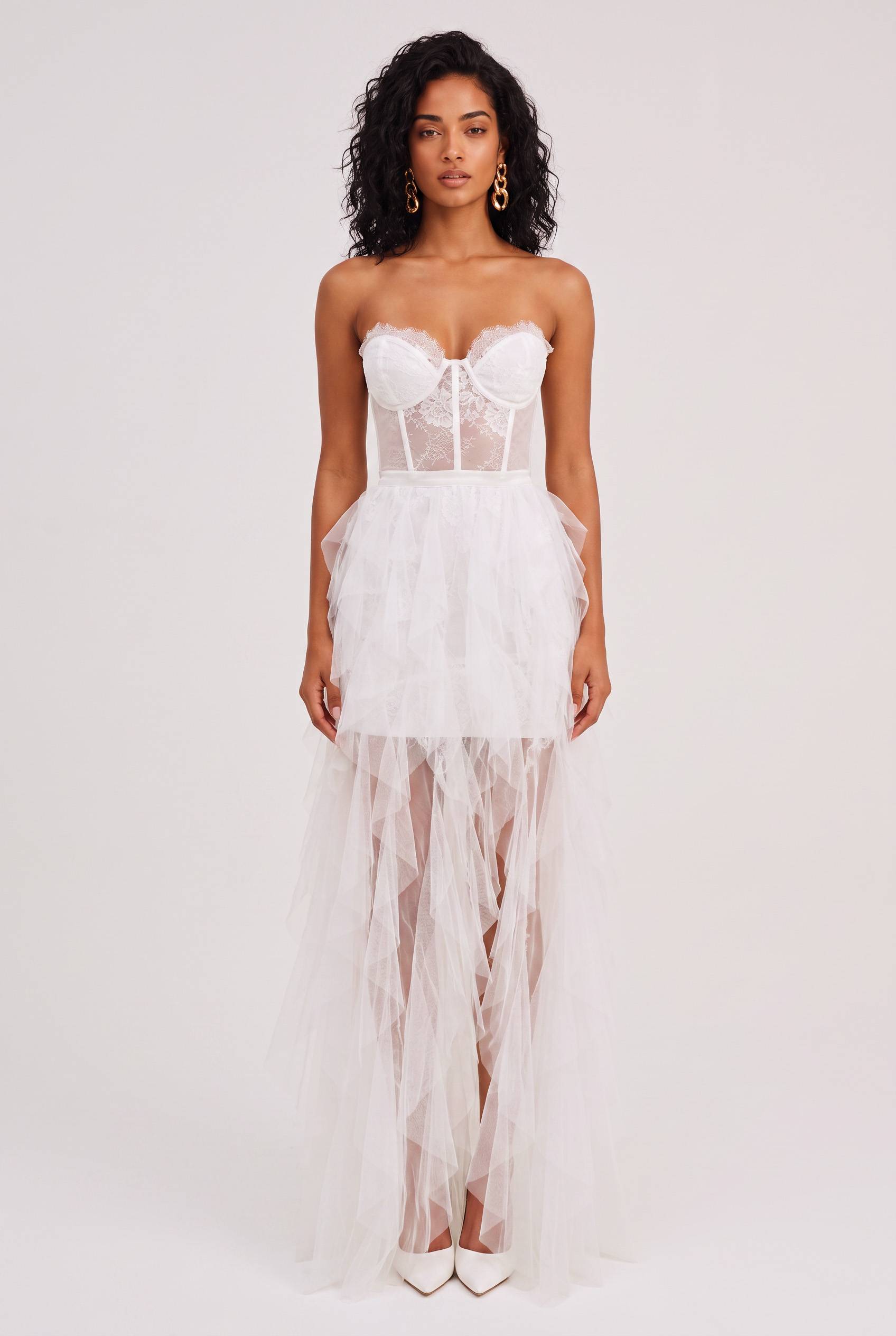 White Strapless Lace Waist Irregular Front Short Back Long Mesh Trailing Short Dress