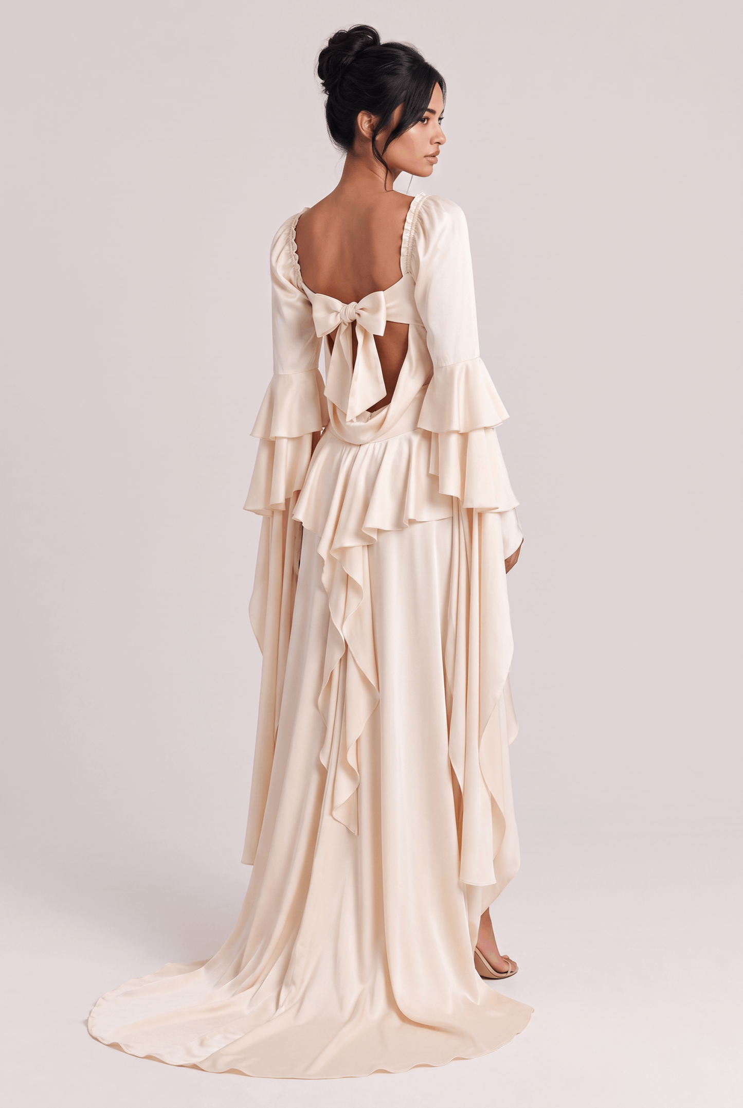 White Satin Square Collar Pleated Extra-Long Trumpet Sleeve Irregular Lotus Leaf Split Holiday Dress