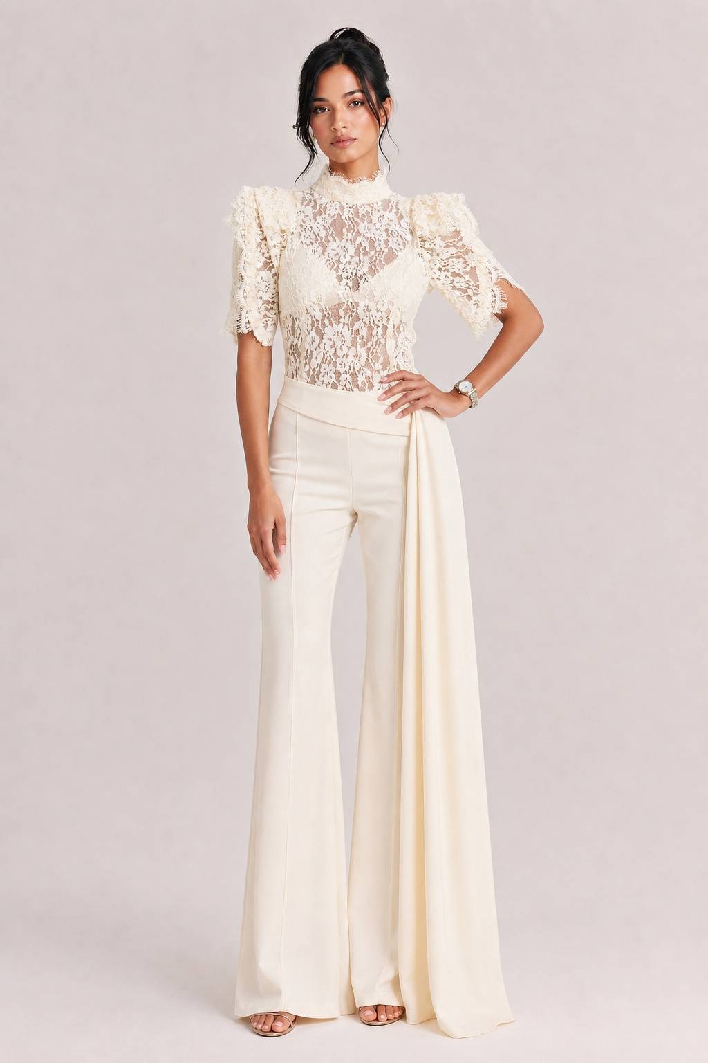 Elegant Lace High-Neck Top & Wide-Leg Pants Two-Piece Set