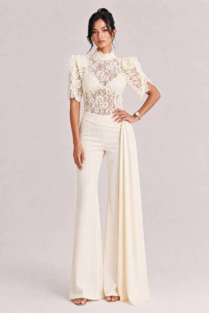 Elegant Lace High-Neck Top & Wide-Leg Pants Two-Piece Set