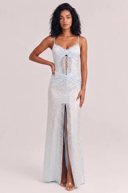 Light Blue Jacquard Satin Fine Sling Lace Strap Waist High Split Long Dress