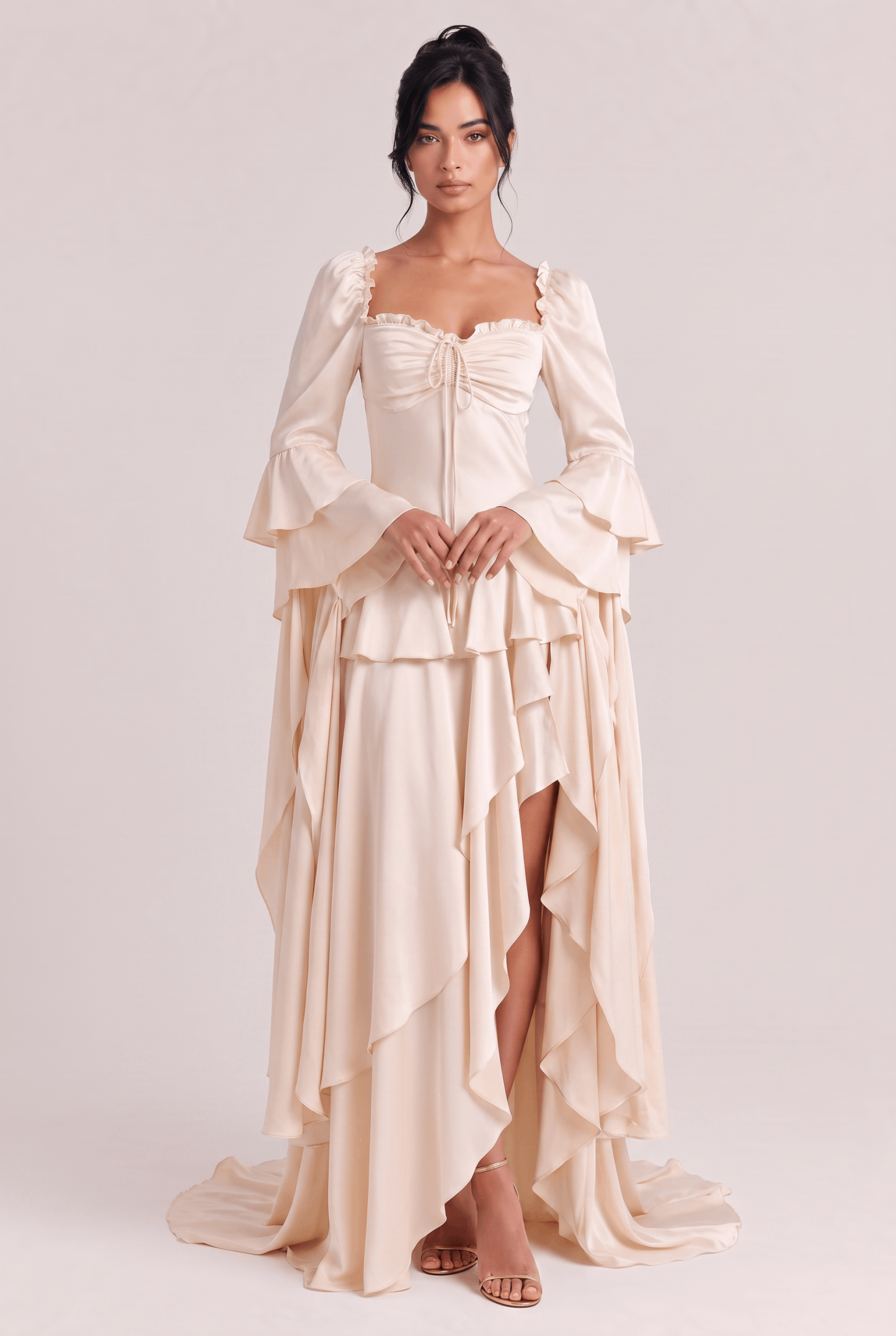 White Satin Square Collar Pleated Extra-Long Trumpet Sleeve Irregular Lotus Leaf Split Holiday Dress