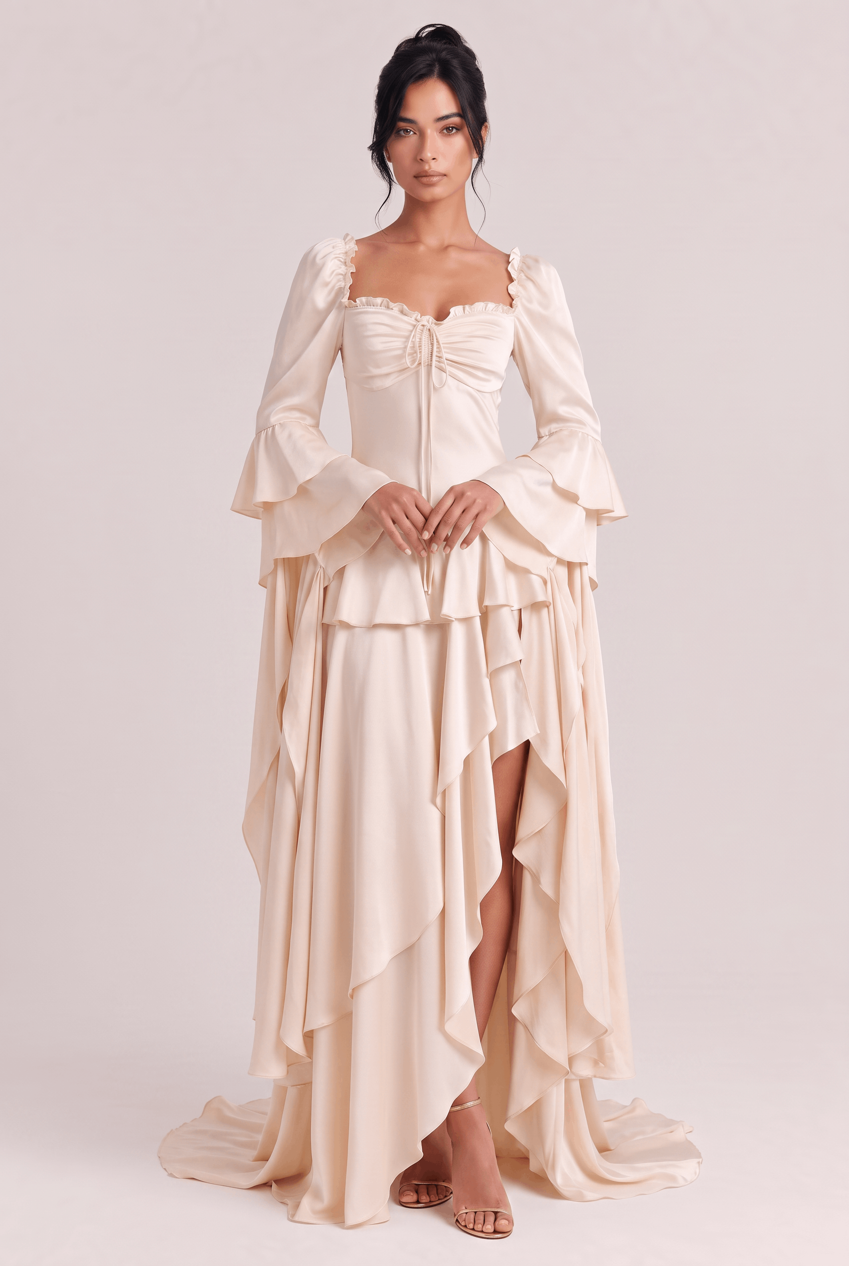 White Satin Square Collar Pleated Extra-Long Trumpet Sleeve Irregular Lotus Leaf Split Holiday Dress