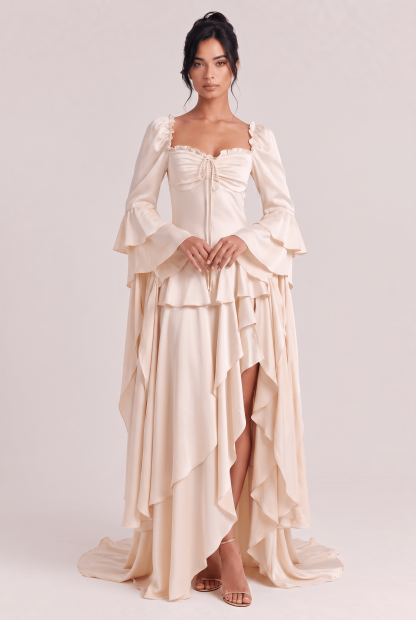 White Satin Square Collar Pleated Extra-Long Trumpet Sleeve Irregular Lotus Leaf Split Holiday Dress