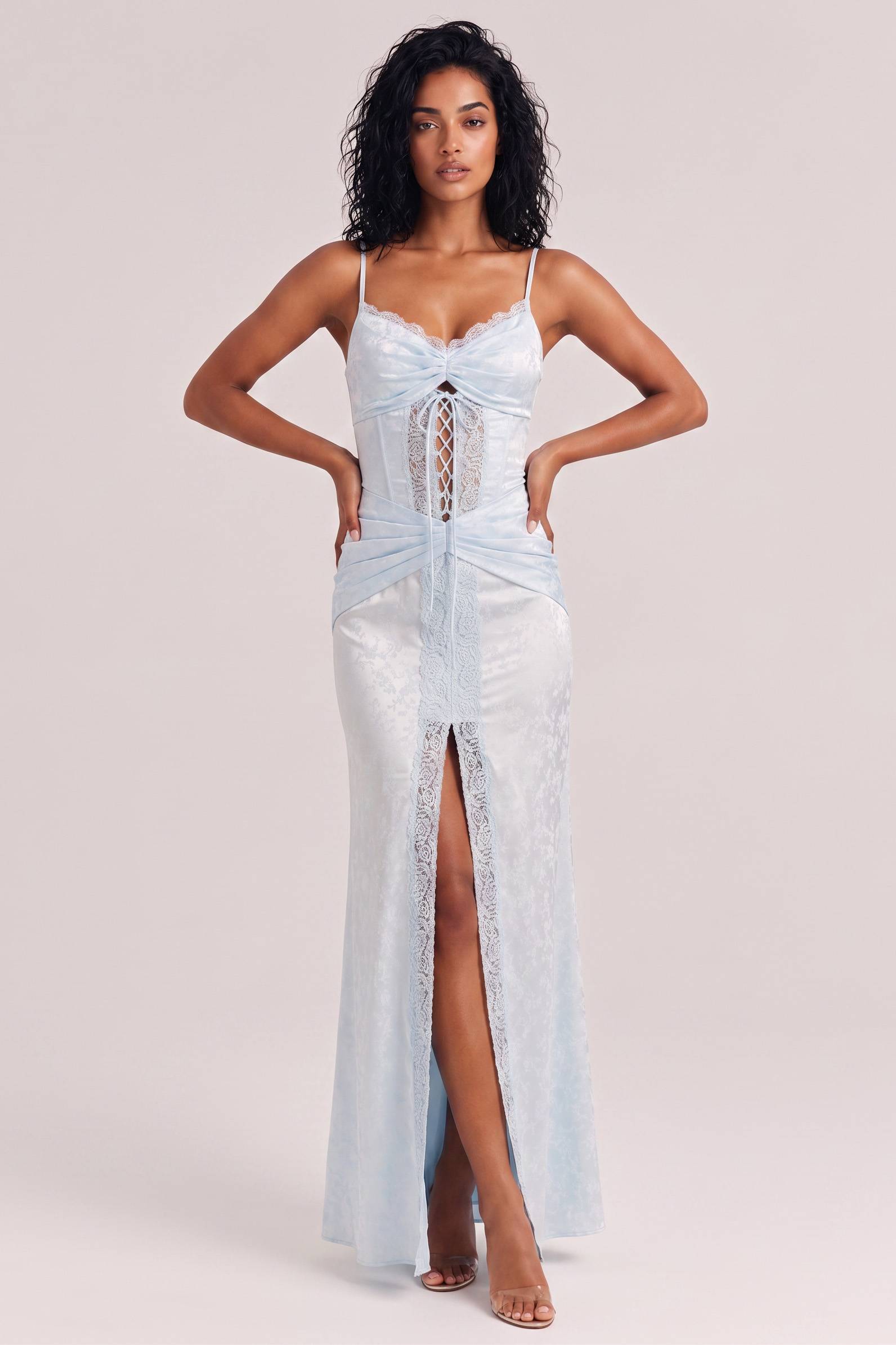 Light Blue Jacquard Satin Fine Sling Lace Strap Waist High Split Long Dress