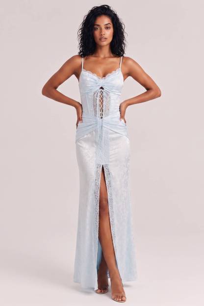 Light Blue Jacquard Satin Fine Sling Lace Strap Waist High Split Long Dress