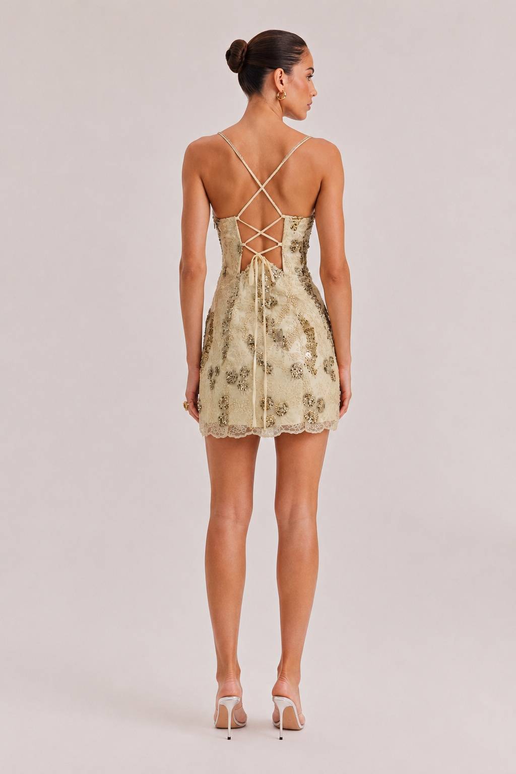 Beige Lace Thin Strap Steel Bracer Corset Golden Sequins Floral Slim-Fit Short Dress