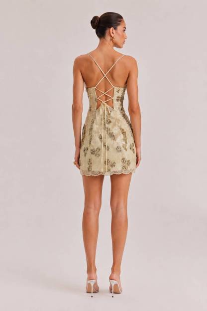 Beige Lace Thin Strap Steel Bracer Corset Golden Sequins Floral Slim-Fit Short Dress