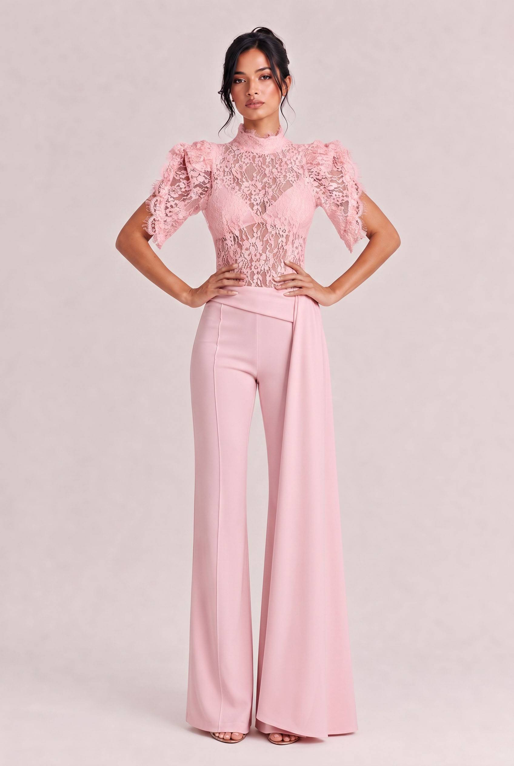 Elegant Lace High-Neck Top & Wide-Leg Pants Two-Piece Set