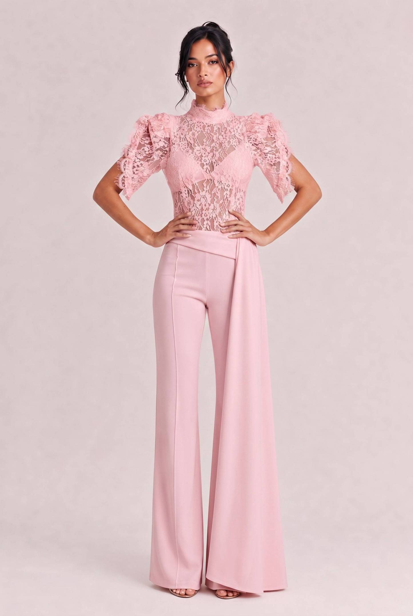 Elegant Lace High-Neck Top & Wide-Leg Pants Two-Piece Set