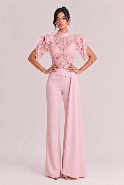 Elegant Lace High-Neck Top & Wide-Leg Pants Two-Piece Set