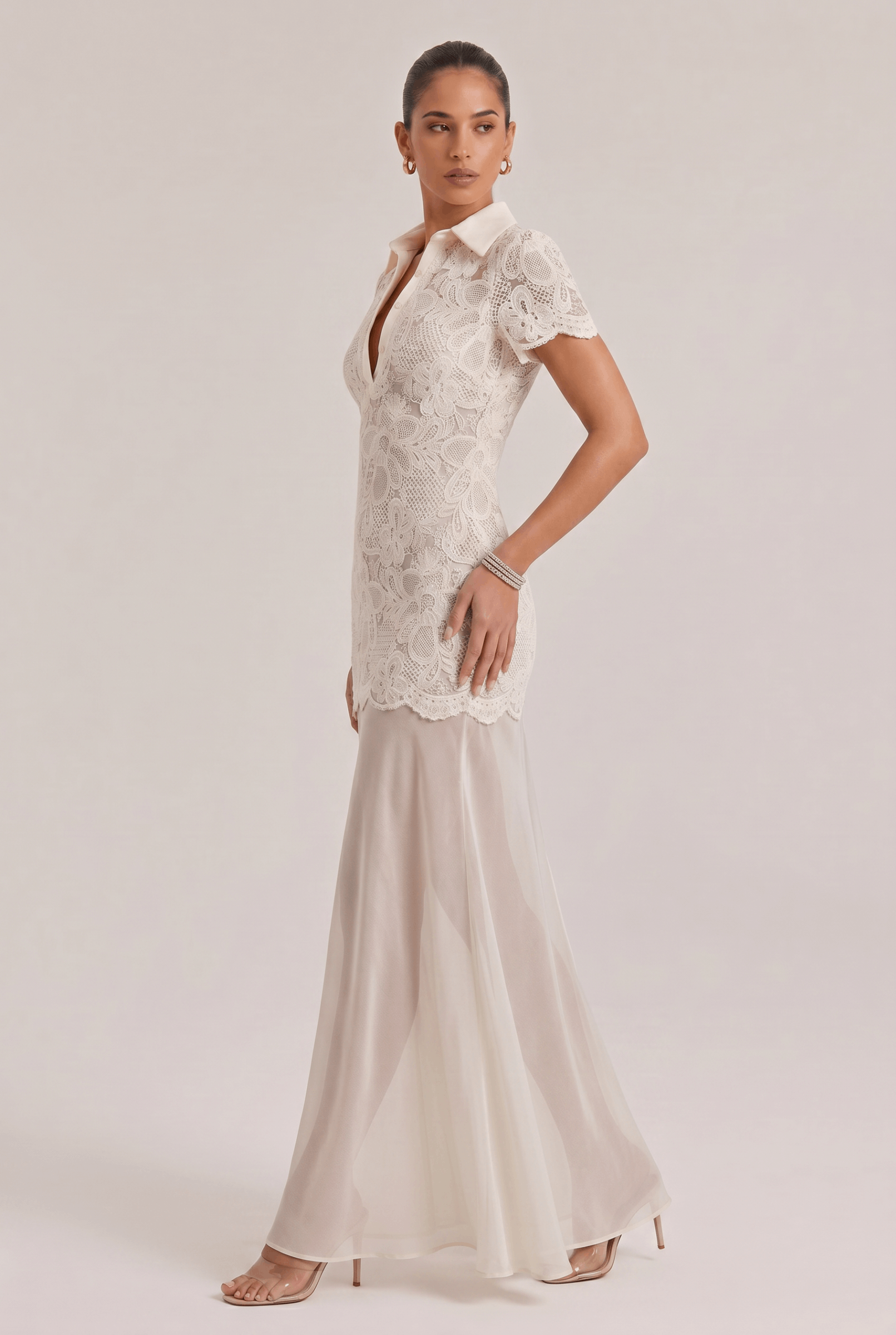 Elegant Fit Button Short Sleeve Lace Top And Satin Skirt