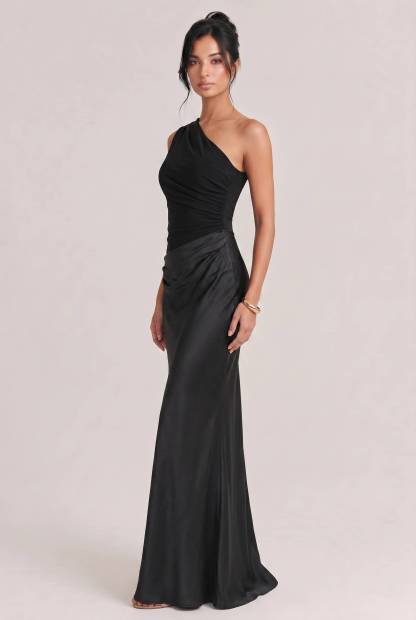 Elegant One Shoulder Neck Pleated Party Maxi Dress