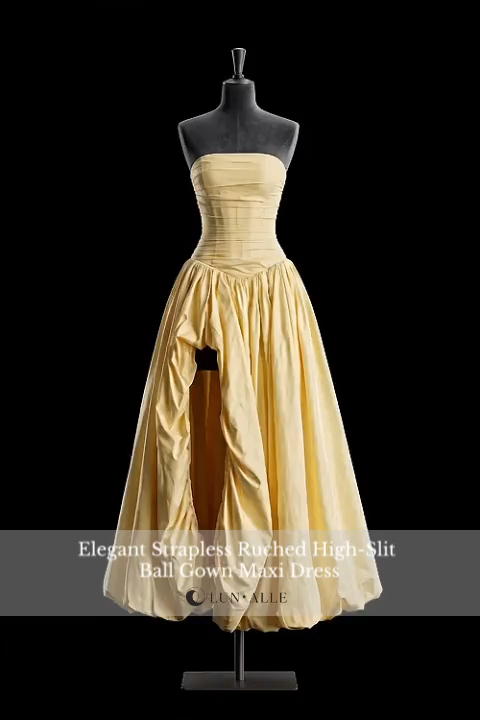 Elegant Strapless Ruched High-Slit Ball Gown Maxi Dress