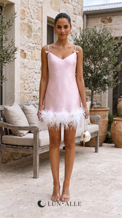 Pink Satin Slip Dress With Feathers, Bow-Embellished Straps, V-Neck, Party Mini Gown