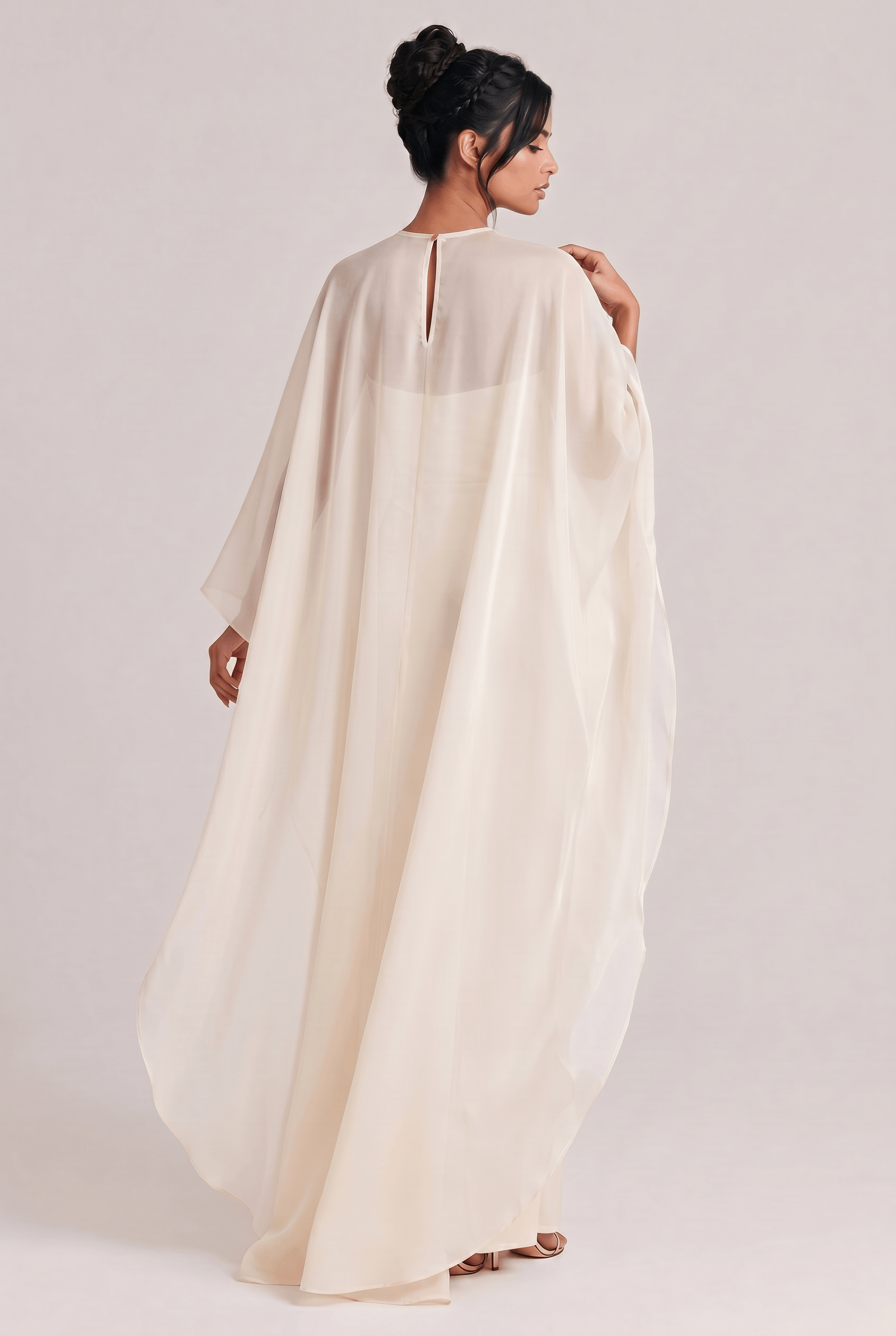 Elegant Sheer Cape Overlay Satin Maxi Dress