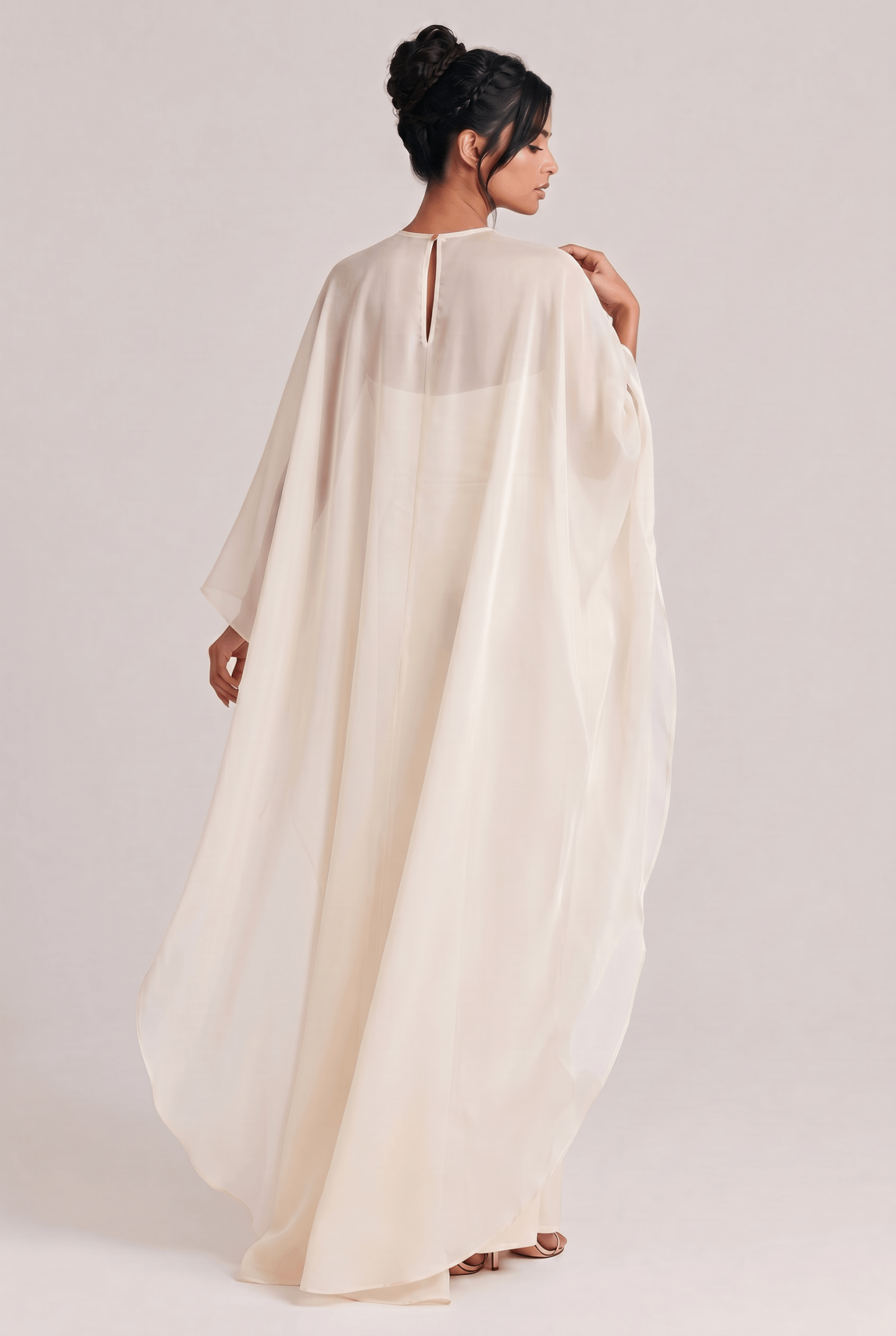 Elegant Sheer Cape Overlay Satin Maxi Dress