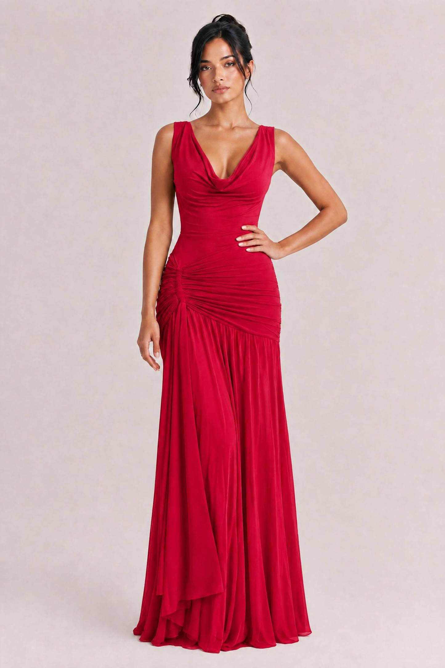 Sexy Cowl Neck Ruched Maxi Dress