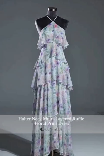 Halter Neck Multi-Layered Ruffle Floral Print Dress