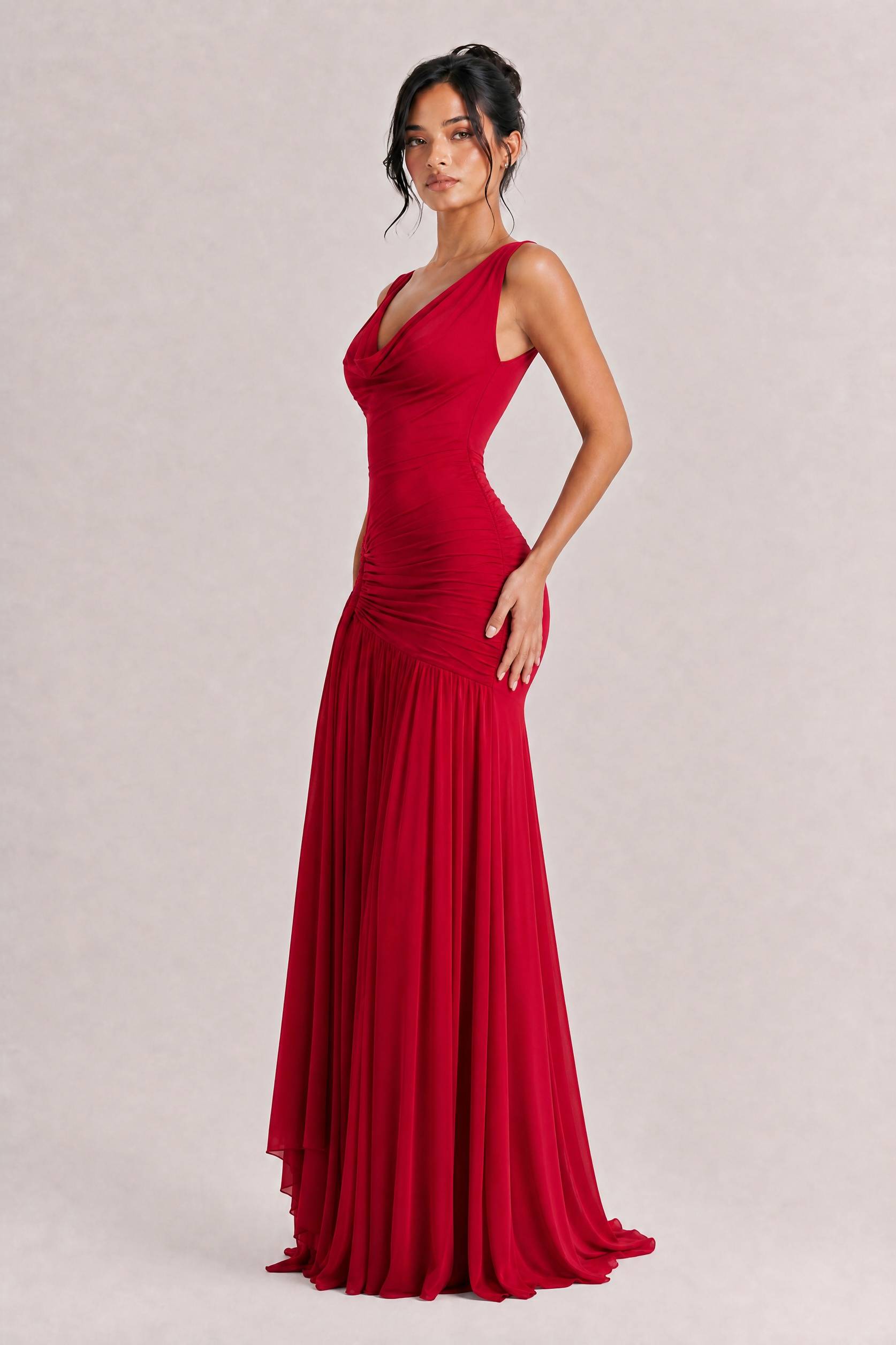 Sexy Cowl Neck Ruched Maxi Dress