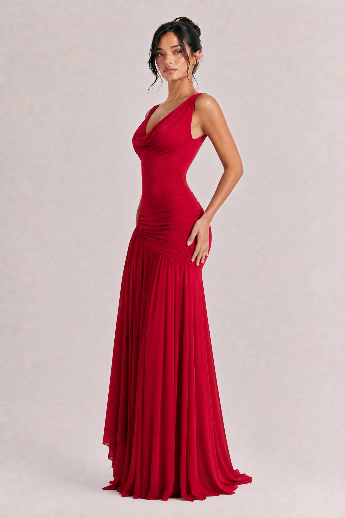 Sexy Cowl Neck Ruched Maxi Dress