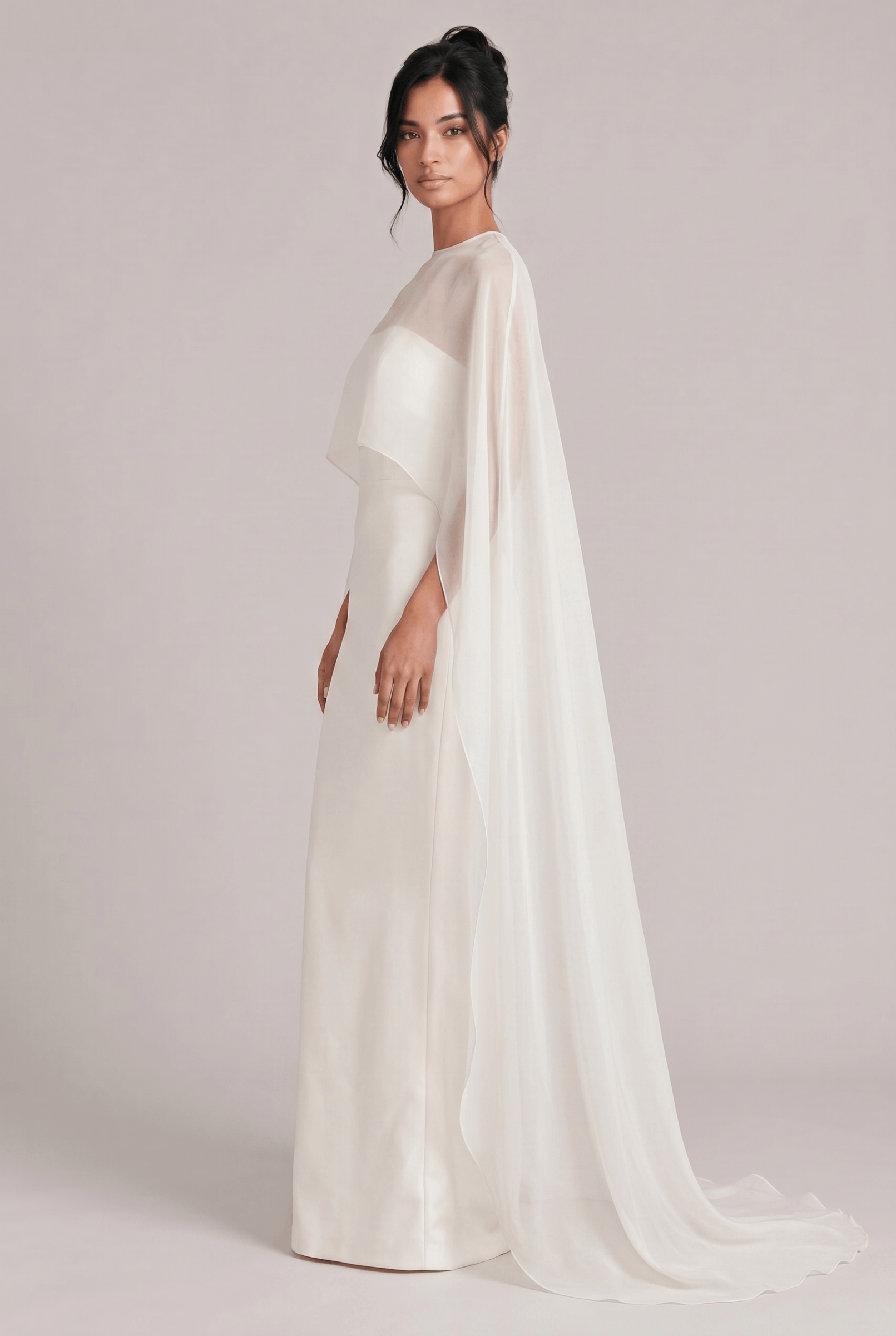 Elegant Sheer Cape Overlay Satin Maxi Dress