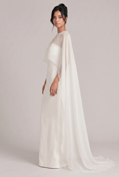 Elegant Sheer Cape Overlay Satin Maxi Dress