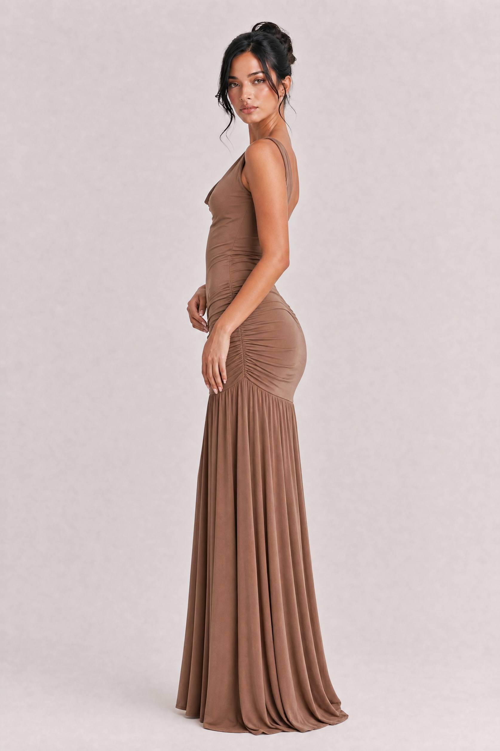 Sexy Cowl Neck Ruched Maxi Dress