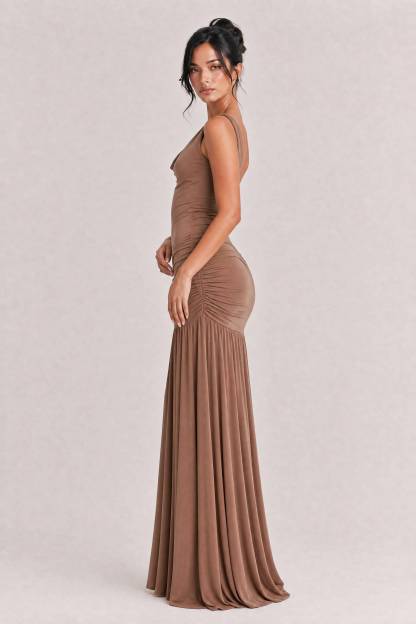 Sexy Cowl Neck Ruched Maxi Dress