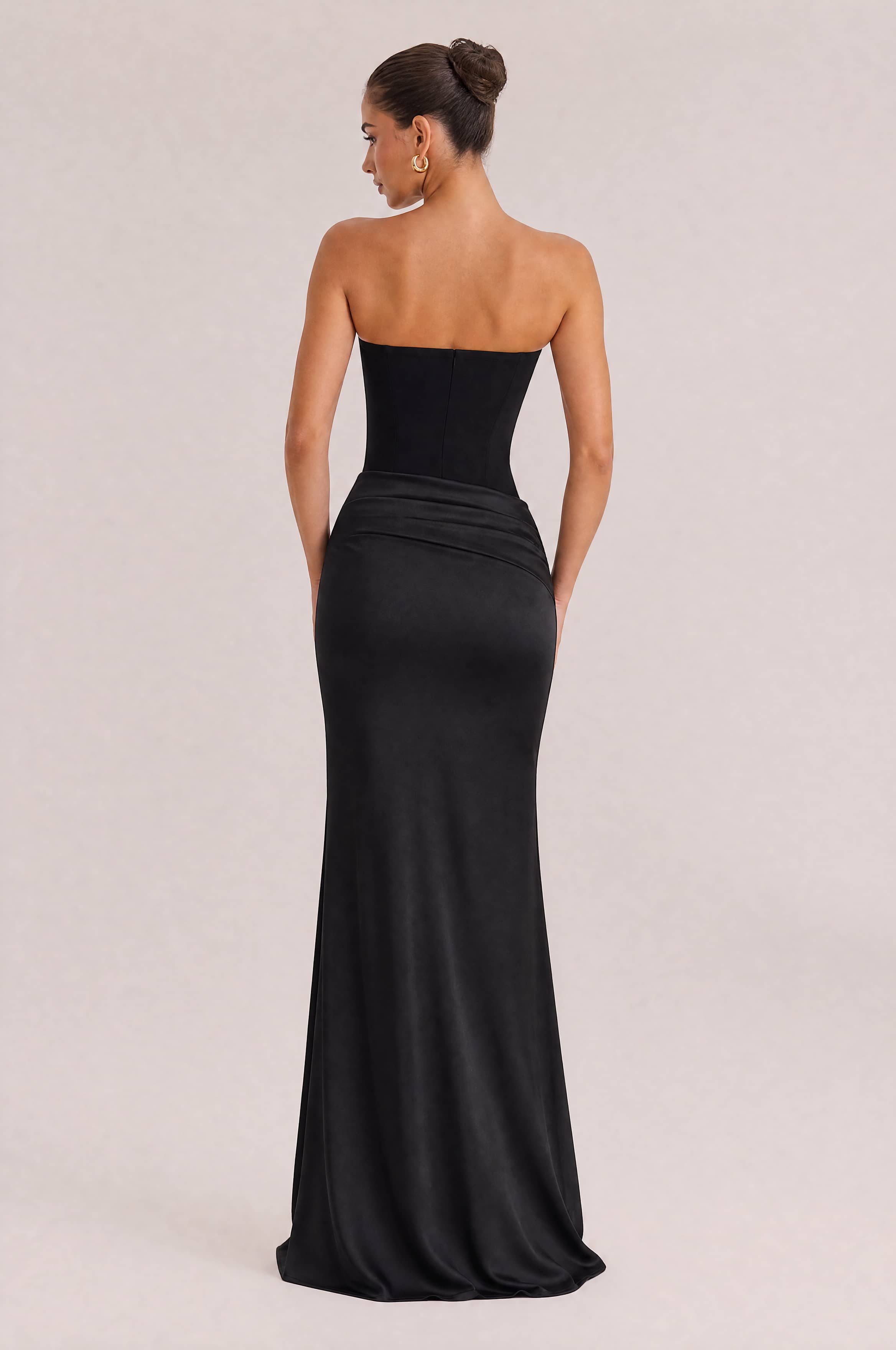 Elegant Strapless Draped Satin Maxi Dress