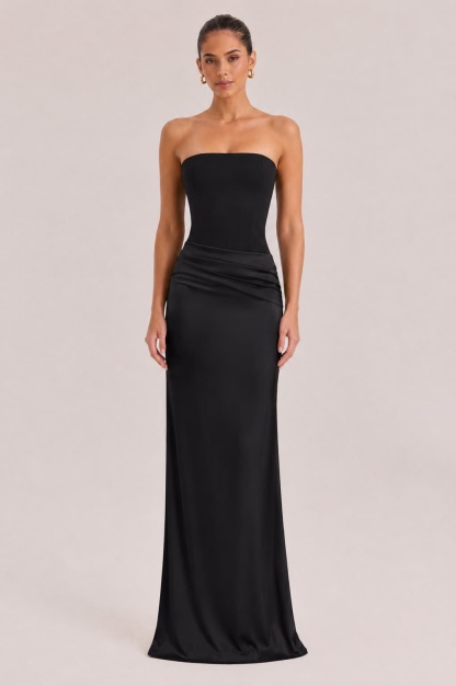 Elegant Strapless Draped Satin Maxi Dress