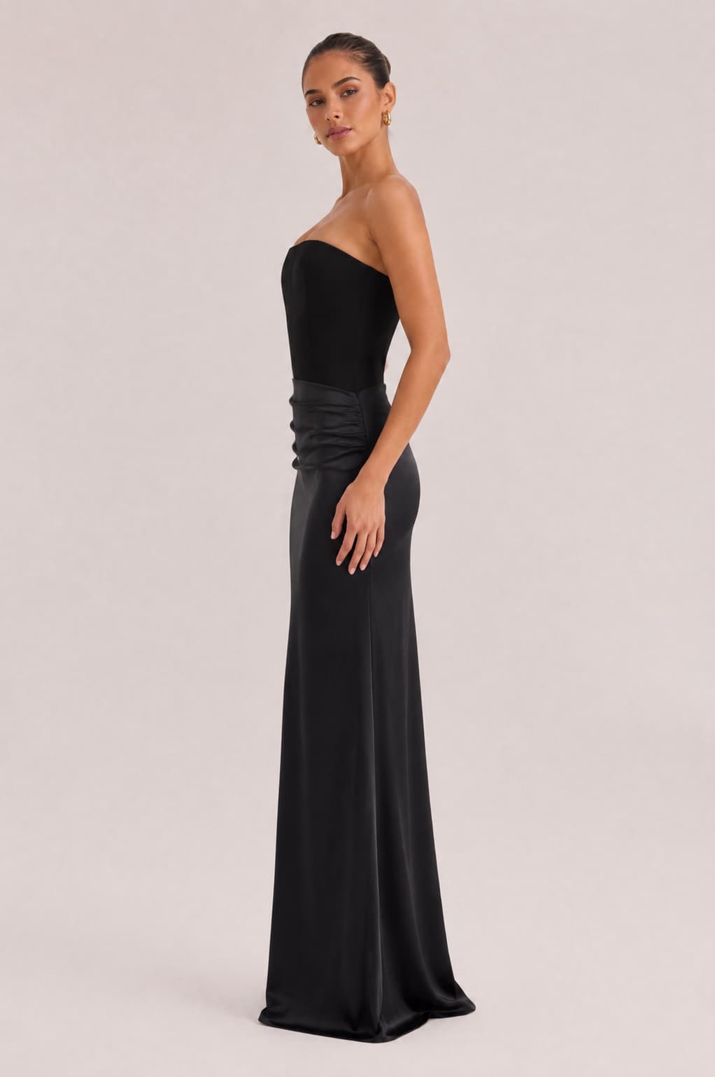 Elegant Strapless Draped Satin Maxi Dress