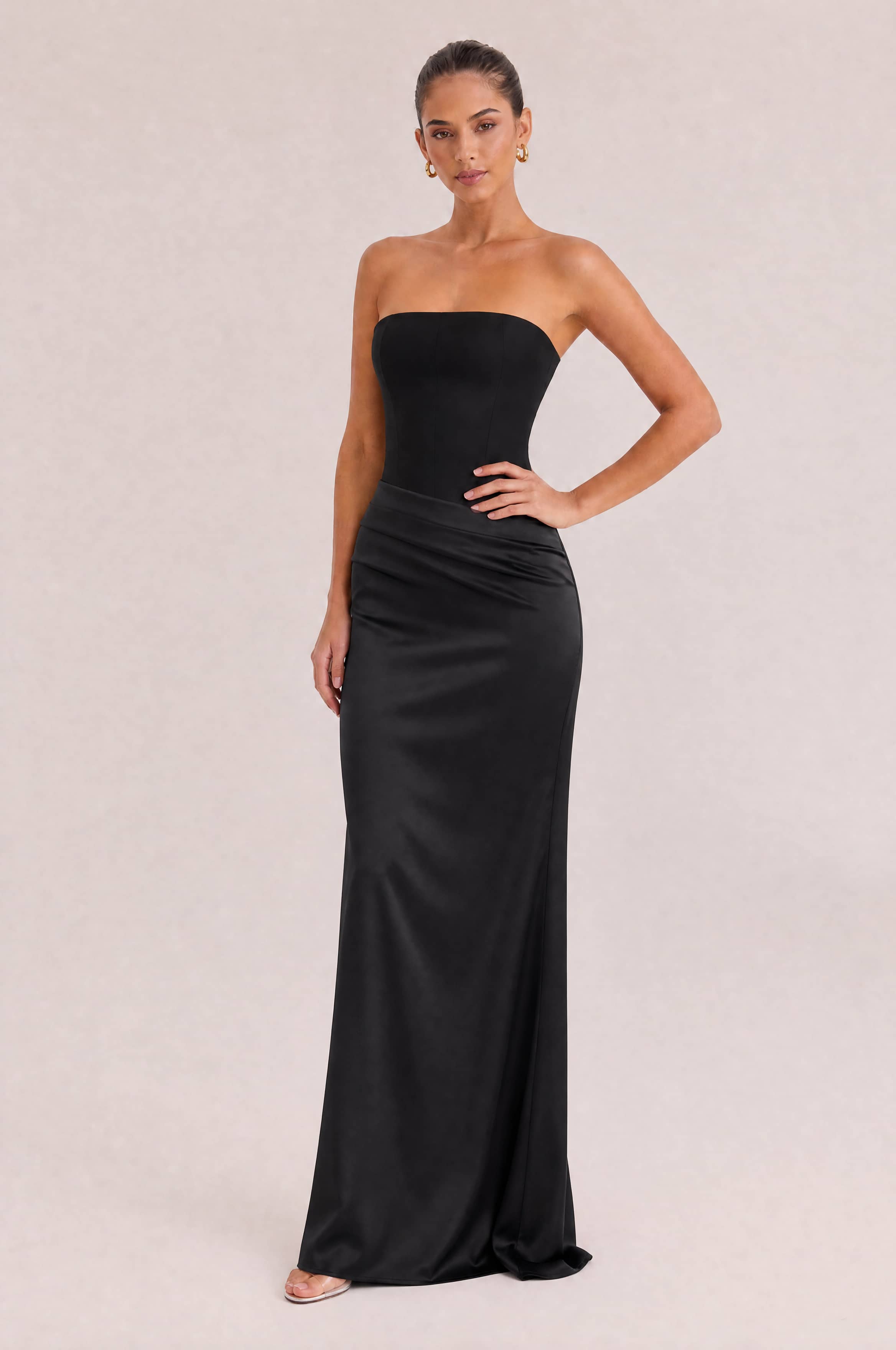 Elegant Strapless Draped Satin Maxi Dress