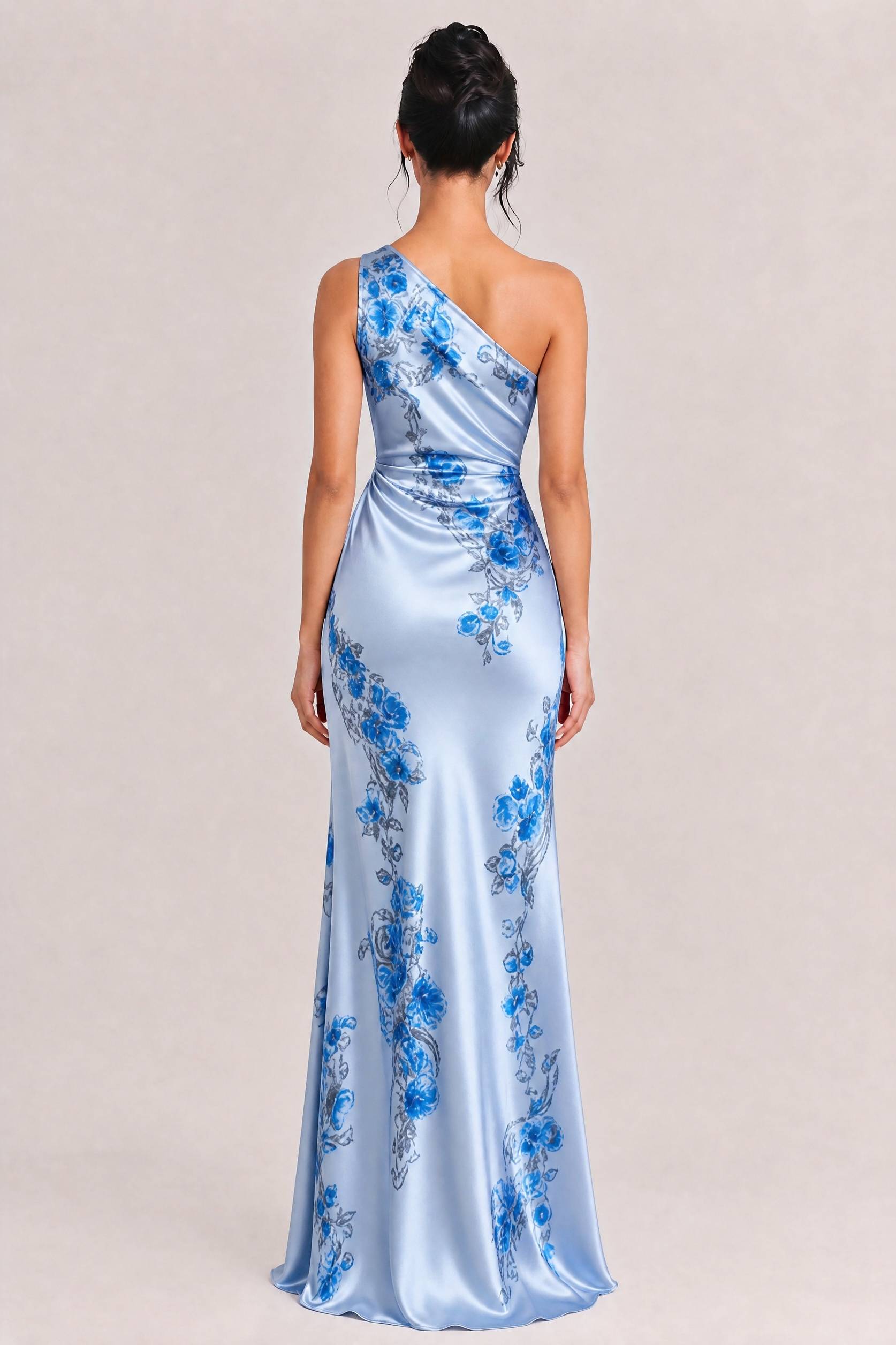Elegant One-shoulder Floral Satin Maxi Dress