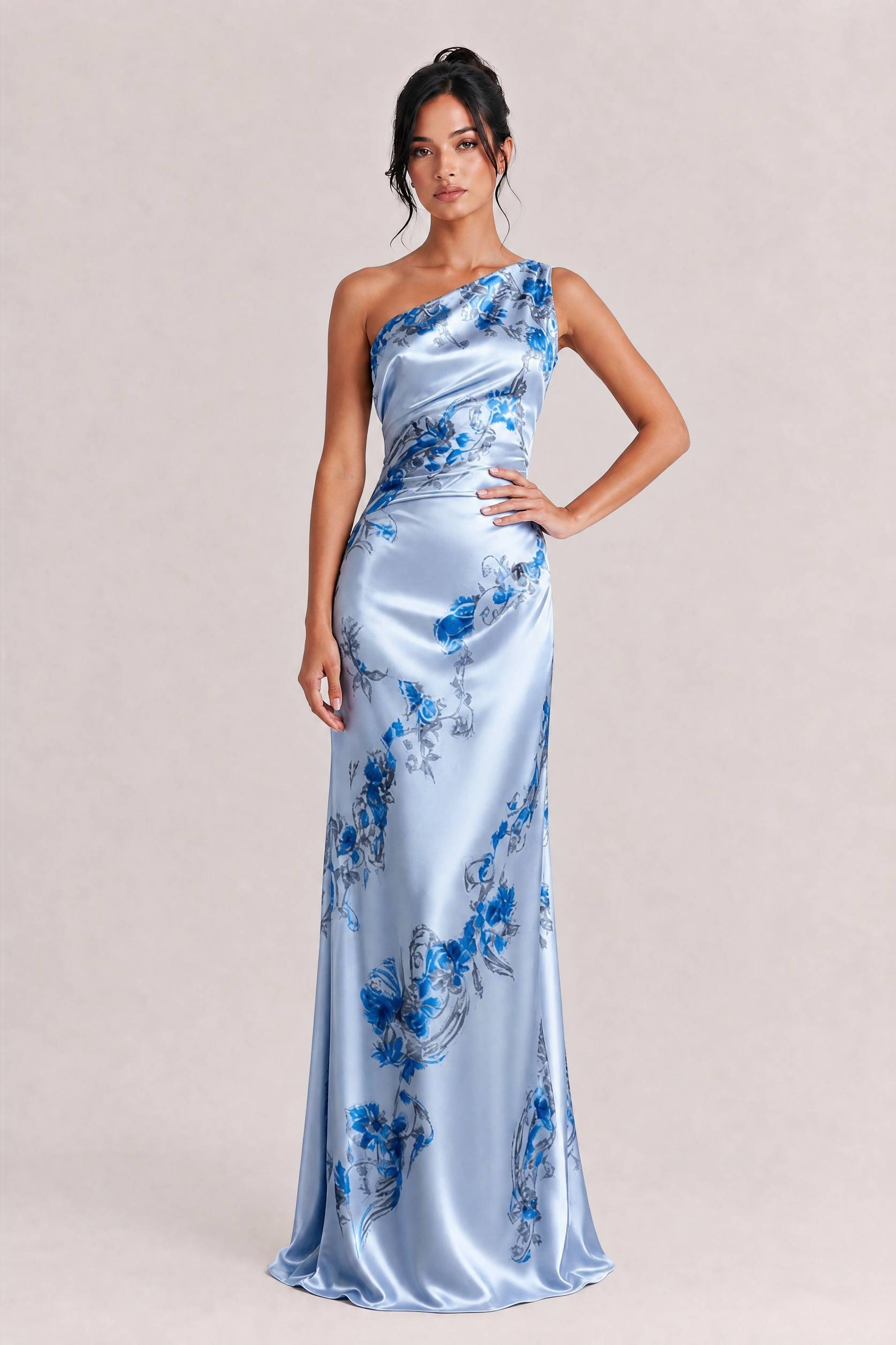 Elegant One-shoulder Floral Satin Maxi Dress