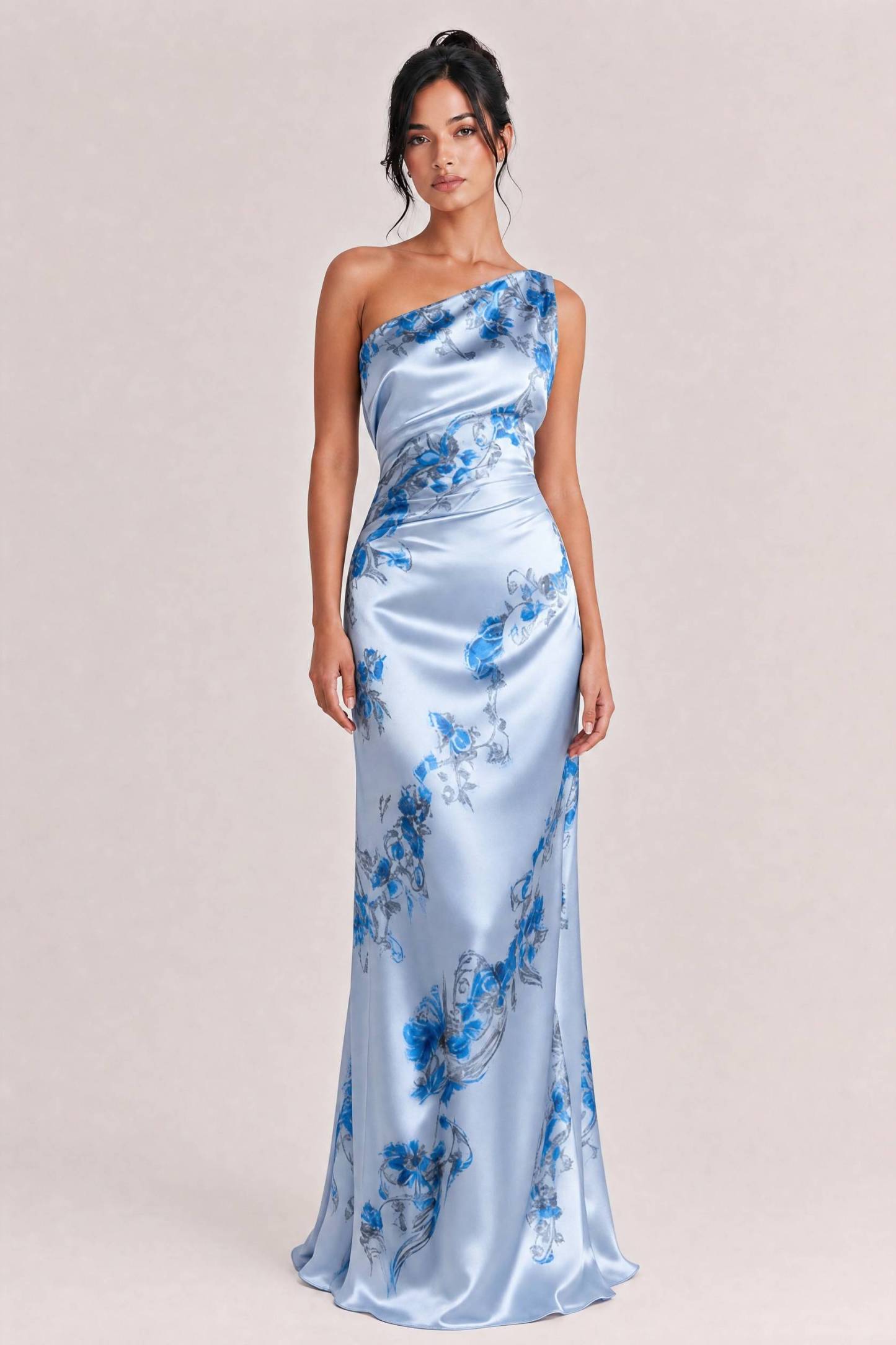 Elegant One-shoulder Floral Satin Maxi Dress