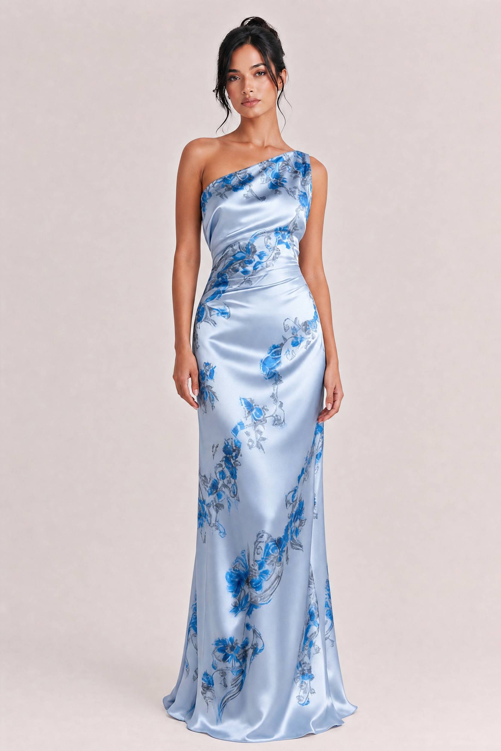 Elegant One-shoulder Floral Satin Maxi Dress