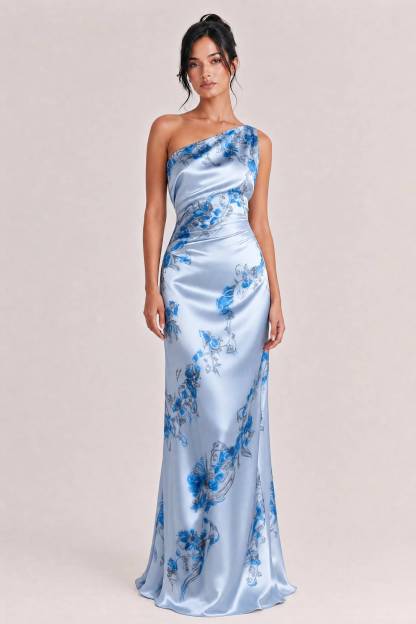 Elegant One-shoulder Floral Satin Maxi Dress