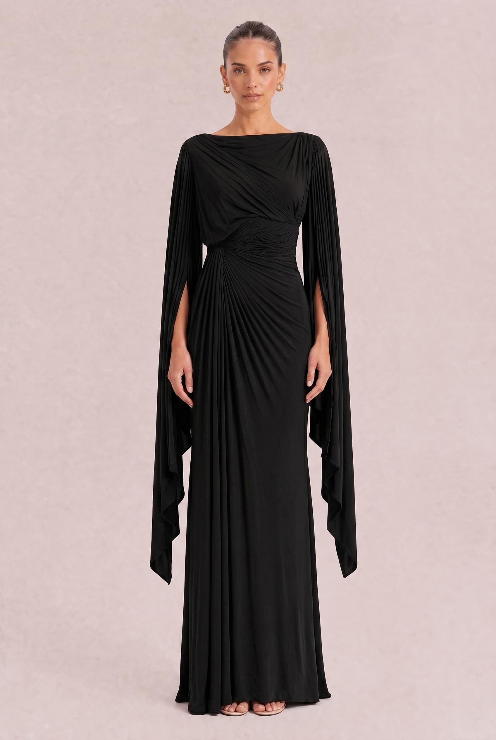 Boat Neck Pleated Slim Fit Maxi Dress