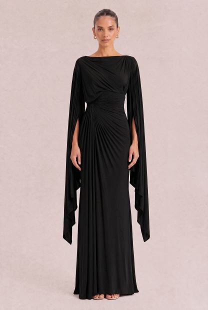 Boat Neck Pleated Slim Fit Maxi Dress