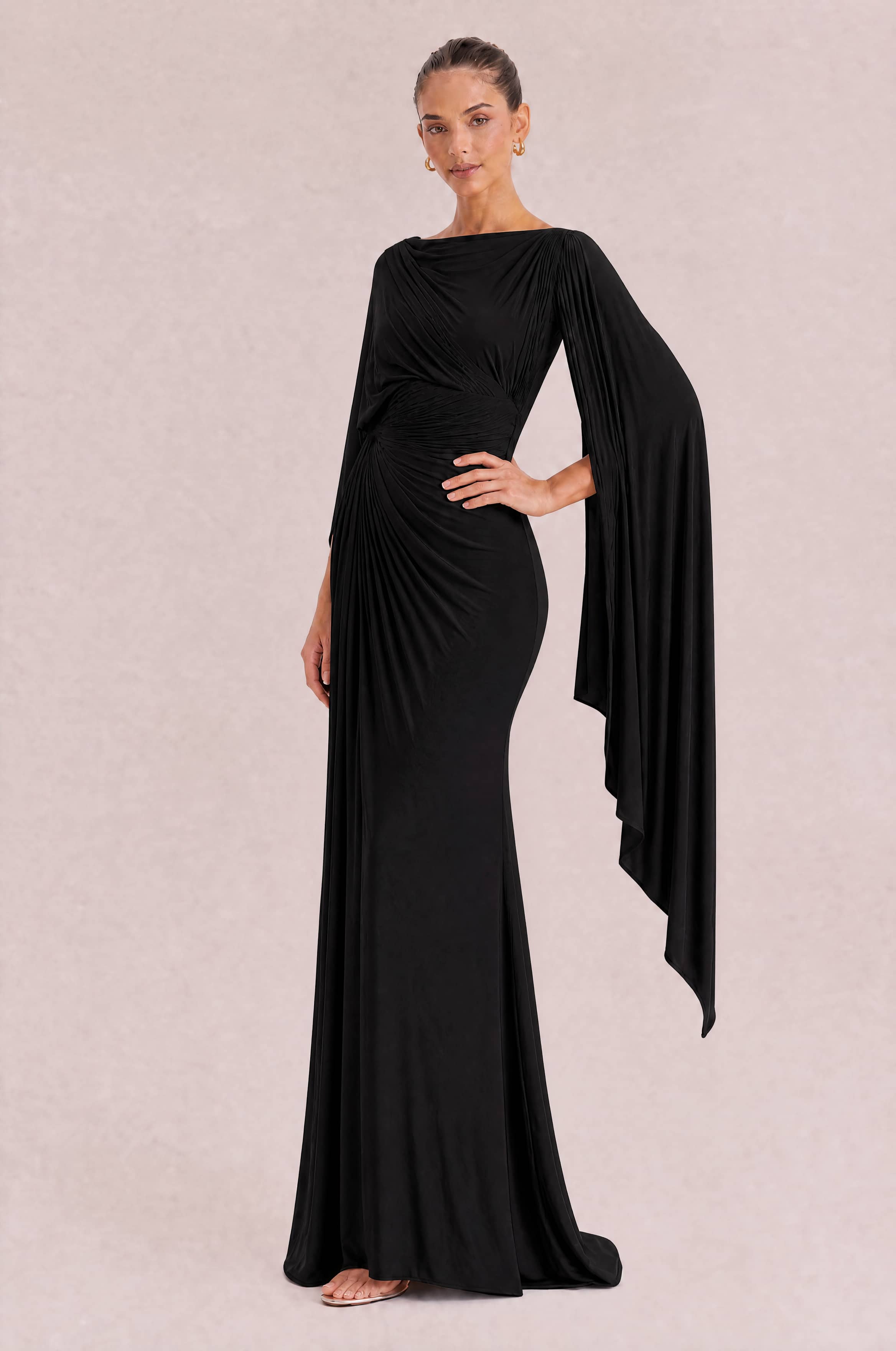 Boat Neck Pleated Slim Fit Maxi Dress