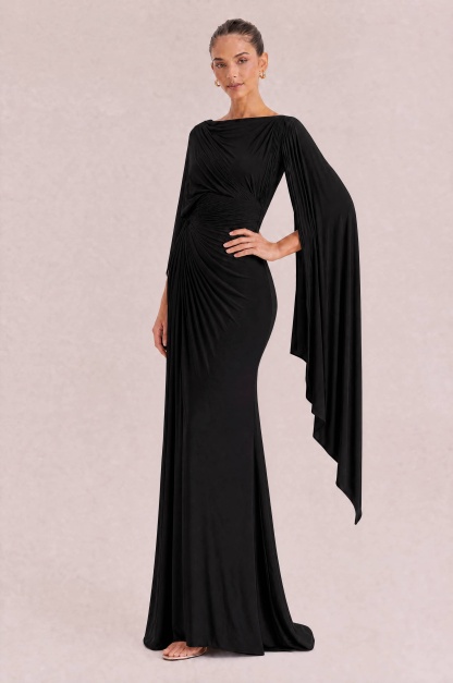 Boat Neck Pleated Slim Fit Maxi Dress