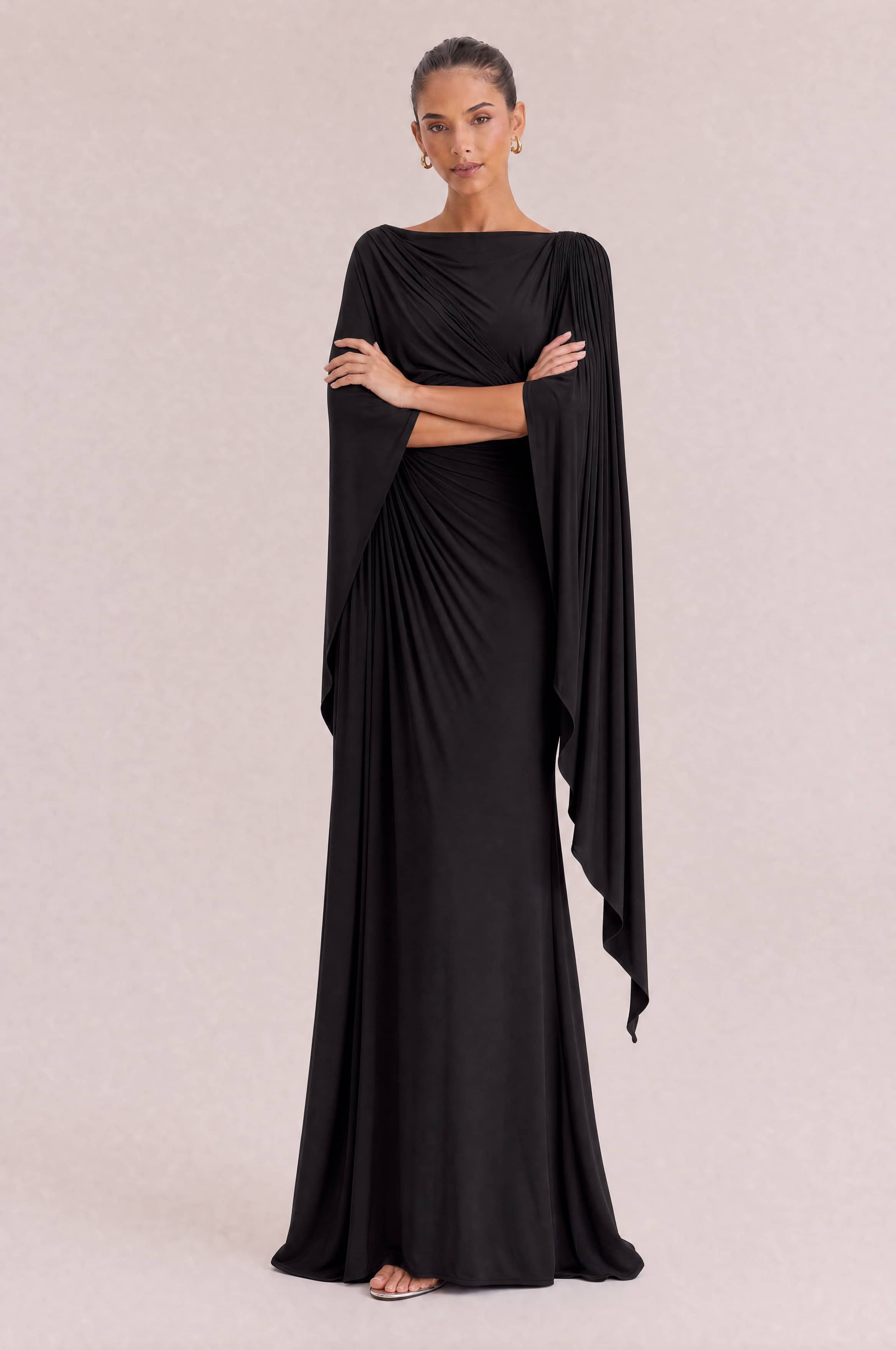 Boat Neck Pleated Slim Fit Maxi Dress