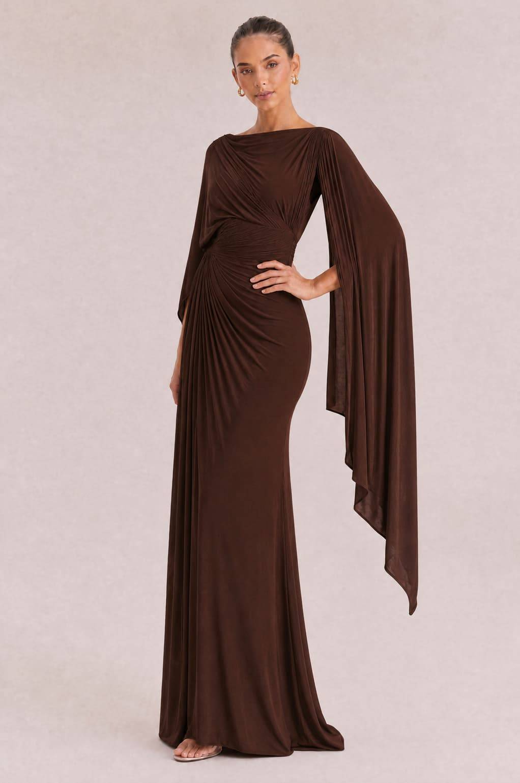 Boat Neck Pleated Slim Fit Maxi Dress
